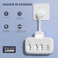 Régua de Energia Inteligente: Extensão Elétrica com 3 Tomadas, 2 USB e 1 USB-C (110-220V, 2200W) - imagem 3