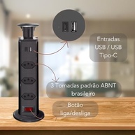 Torre de Tomadas Retrátil Premium: 3 Tomadas + USB-C + USB para Bancada Bivolt (Preto) - imagem 3