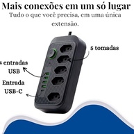 Régua de Tomada 5 Tomadas + 4 USB (1 Tipo-C) 2m 2500W - Proteção e Conectividade Total! - imagem 3