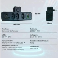 Régua de Energia 4 Tomadas + 3 USB (1 USB-C) 2500W Bivolt - Organize e Carregue Tudo! - imagem 4