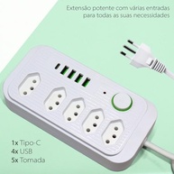 Régua de Energia Inteligente: 5 Tomadas, 4 USB + 1 Tipo-C, Cabo 2m, 2500W - imagem 5