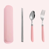 Conjunto de Talheres Reutilizáveis em Aço Inox com Caixa Portátil Rosa - Garfo, Colher e Pauzinhos para Acampamento, Escola e Escritório - imagem 1