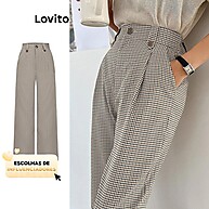 Calça Feminina Gingham Lovito com Botão – Estilo Casual Moderno - imagem 1