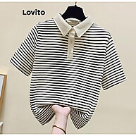 Camiseta Listrada com Botão Frontal e Gola Colorblock – Estilo Casual Feminino - imagem 1