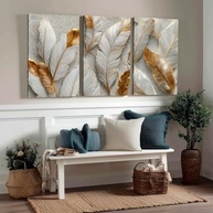 Kit 3 Quadros Decorativos Canvas com Arte Folhas Douradas 50x70cm - Decore com Estilo e Sofisticação - imagem 2