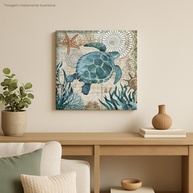 Quadro Decorativo Marítimo Tartaruga Azul 30x30 - Canvas Vintage com Estrela do Mar e Mapa Náutico - imagem 1