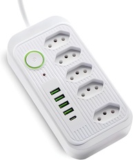 Filtro de Linha 5 Tomadas + 4 USB + 1 USB-C: Carregamento Rápido e Proteção Total (Branco) - imagem 1