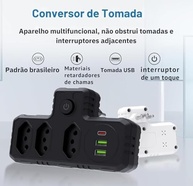 Extensão Régua de Energia 3 Tomadas + 3 USB (1 Tipo-C) Lene Preto - Carregamento Inteligente e Seguro - imagem 3