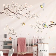 DECOWALL Ramo de Flor de Cerejeira Branco - Adesivo de Parede Removível para Decoração Floral com Pássaros - imagem 5