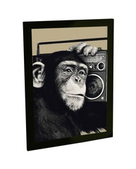 Quadro Decorativo A4 Macaco Chimpanzé Ouvindo Música - Moldura Pronta para Pendurar - imagem 1