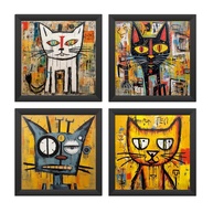 Kit 4 Quadros 18x18 cm Gatos Basquiat Arte Urbana com Moldura e Vidro - imagem 1