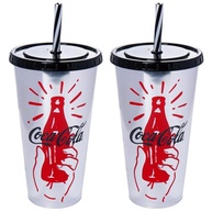 Kit com 2 Copos Coca-Cola 700ml Estampado Prateado Original com Tampa e Canudo - imagem 1