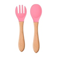 Kit Garfo e Colher de Silicone com Cabo de Madeira - Rosa | Seguro e Ergonômico para Introdução Alimentar - imagem 1