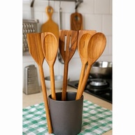 Kit 5 Utensílios de Madeira Teca 36cm - Colheres Resistentes e Elegantes para Cozinha - imagem 3