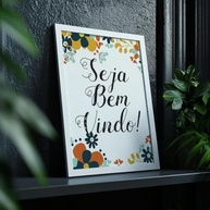 Quadro Decorativo Seja Bem-Vindo com Moldura - Estampa Floral Colorida Acolhedora para Entrada - imagem 3