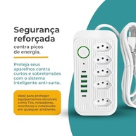 Extensão de Tomada 5 Tomadas + 6 USB (4 USB-A + 2 USB-C) 2m 2500W Bivolt com Proteção Contra Sobretensão - imagem 4