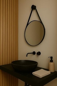 Espelho Adnet 60cm Lavabo Redondo em Couro Preto com Pino – Estilo e Funcionalidade para o Banheiro - imagem 3