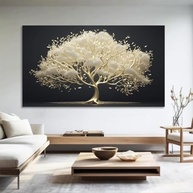 Quadro Decorativo Floral com Arvore Dourada - Tela Canvas Horizontal para Sala, Quarto e Hall - imagem 2