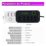 Régua de Energia Inteligente com 5 Tomadas e 4 USB - Bivolt 2m (Branco) - imagem 3