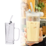 Copo com Canudo e Tampa de Vidro Canelado 250ml - Vedação Total com Alça e Silicone - imagem 1