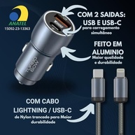 Carregador Veicular Turbo 60W Pro: Kit Completo com Cabo USB-C e Duas Portas USB 3.0 | Carregamento Rápido 9.1A Fast Charge para Carro e Automotivo Compatível com iOS - Premium Cinza - imagem 4