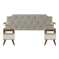 Conjunto Mesa de Cabeceira com Gaveta + Cabeceira Estofada para Cama Queen Size Bege - imagem 1