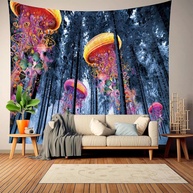 Tapeçaria de Parede Floresta de Fantasia com Design de Água-viva Surreal - Decoração Psicodélica Colorida para Quarto e Dormitório - imagem 1