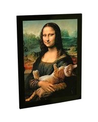Quadro Decorativo A4 Engraçado Monalisa e Gato - Impressão em Alta Definição com Moldura em Pinus - imagem 1