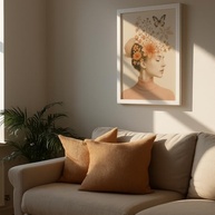 Quadro Decorativo Mulher com Flores e Borboleta - Arte Feminina Elegante em Tons Pastel para Parede Moderna - imagem 5