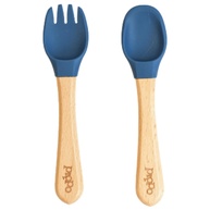 Kit Talheres em Silicone com Cabo de Bambu para Bebês - Colher e Garfo Pippo Azul Escuro - imagem 1