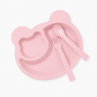 Kit Introdução Alimentar Bebê em Fibra de Trigo - Prato Ursinho com Colher e Garfo Antiderrapante Rosa - imagem 1
