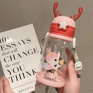 Garrafa Infantil Rosa com Canudo - Alce Desenhado 600ml para Meninas - imagem 1