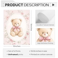 Arte de Parede Rosa para Berçário - Conjunto Vintage com Ursinho e Flores | Decoração Infantil Feminina em Tela - imagem 4