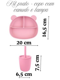 Kit Prato Ursinho Rosa com 3 Divisórias e Copo com Canudo de Silicone para Bebês - imagem 3