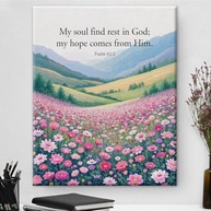 Arte de Parede Cristã com Versículo Bíblico - My Soul Find Rest in God - Salmo 62:5 - Tela Decorativa com Estampa de Flores Silvestres - imagem 2