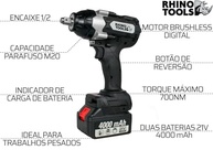 Chave de Impacto Rhino RHN7000: Potência Brushless 700Nm com 2 Baterias 4Ah - imagem 5
