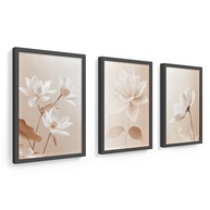 Kit 3 Quadros Decorativos 18x24 cm - Flores Bege com Vidro e Moldura Preta - imagem 1