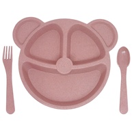 Prato com Divisória + Talheres Infantil Rosa - BLW Urso para Introdução Alimentar Segura - imagem 1
