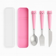 Jogo de Talheres Infantil com Gatinho Rosa - 4 Peças em Aço Inox com Estojo - imagem 1