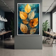Quadro Decorativo Abstrato com Moldura - Planta Folhas Dourada Azul Verde para Sala e Quarto - imagem 2