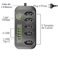 Régua de Tomada 5 Tomadas + 4 USB + 1 USB-C 3m Bivolt Branco - Potencialize Sua Conexão! - imagem 3