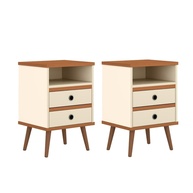 Conjunto de Mesas de Cabeceira Retrô com 2 Gavetas – Design Palito em Madeira Off White & Nature - imagem 1
