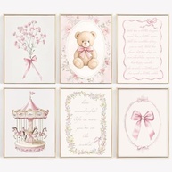 Arte de Parede Rosa para Berçário - Conjunto Vintage com Ursinho e Flores | Decoração Infantil Feminina em Tela - imagem 2
