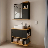 Conjunto Gabinete com Espelheira e Espelho para Banheiro Deca Aqua Potenza - Preto/Freijó - imagem 2