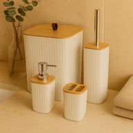 Conjunto de Banheiro Moderno 4 Peças com Tampa de Bambu - Design Elegante Preto e Branco - imagem 3