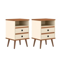 Conjunto de Mesas de Cabeceira Retrô com 2 Gavetas – Design Palito em Madeira Off White & Nature - imagem 2