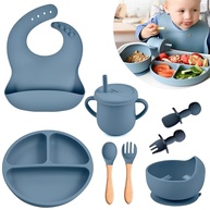 Kit Infantil de Silicone para Alimentação com Prato Ventosa, Copo, Talheres e Babador Azul - imagem 1