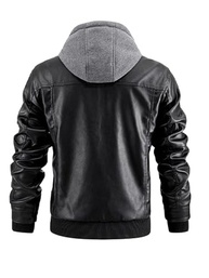 Jaqueta masculina de couro para motocicleta, caimento justo, com capuz, casaco de poliuretano, casual, à prova de vento - imagem 4