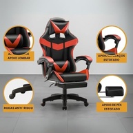 Cadeira Gamer Nitro Ergonômica com Apoio de Pés - Couro Sintético, Reclinável e Ajustável em Altura - Cor Vermelho - imagem 5