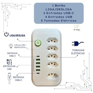 Filtro de Linha Extensão Bivolt 5 Tomadas + 6 USB-C/USB | 2500W Rápido | 1,9m Reforçado - imagem 3
